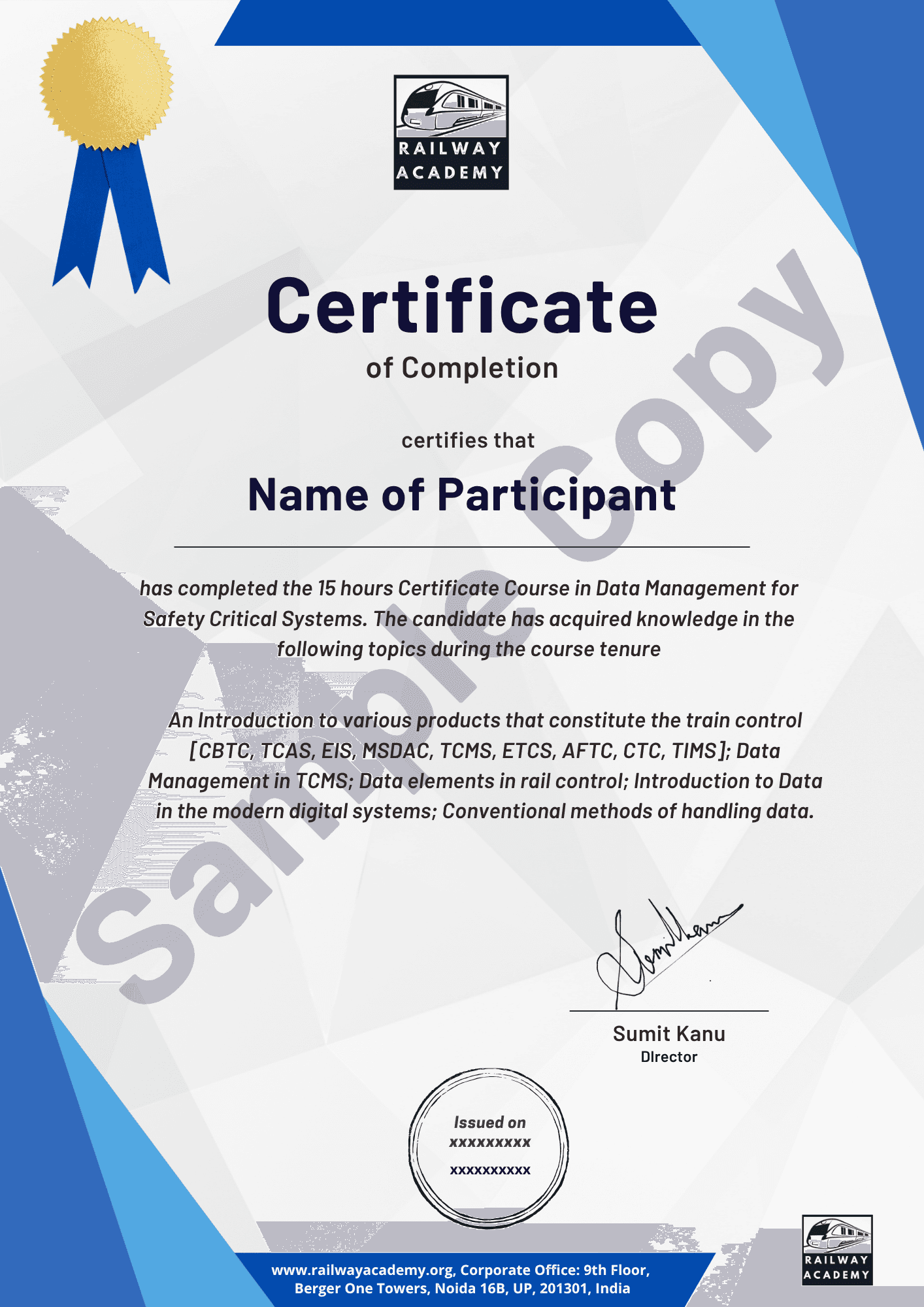 Sample certificate for the self-paced course