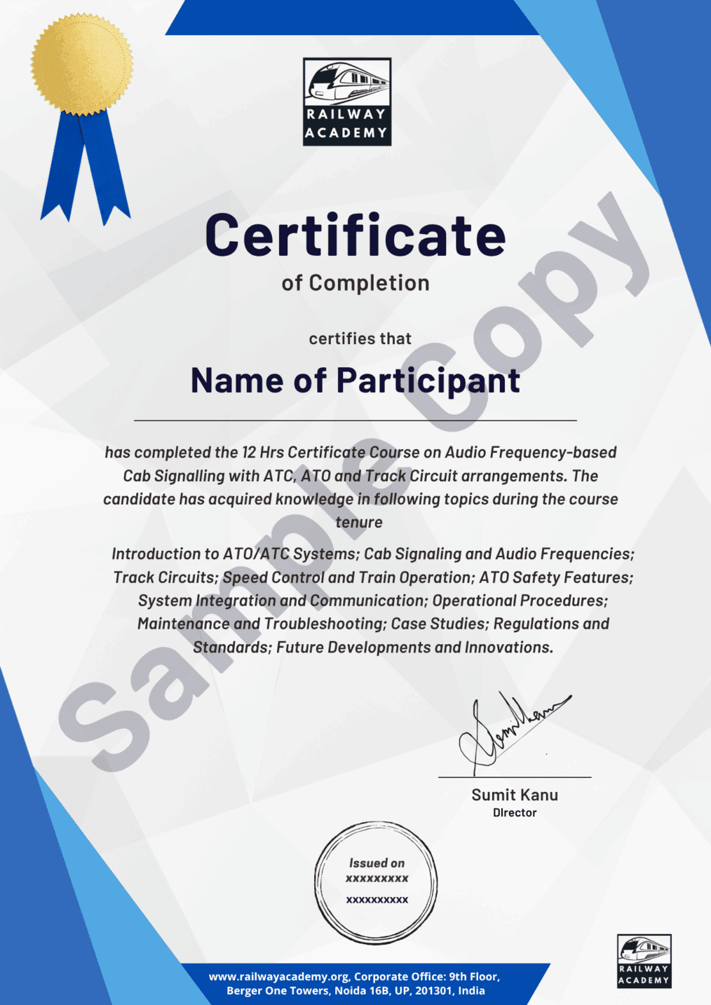 Sample certificate for the self-paced course