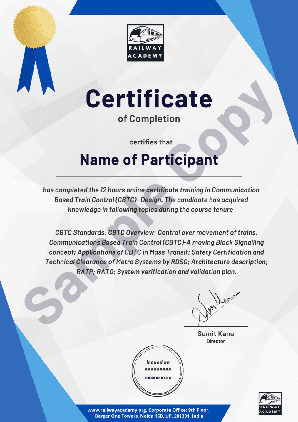 Sample certificate for the self-paced course