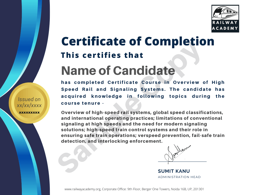 Sample certificate for Overview of High Speed Rail and Signaling Systems