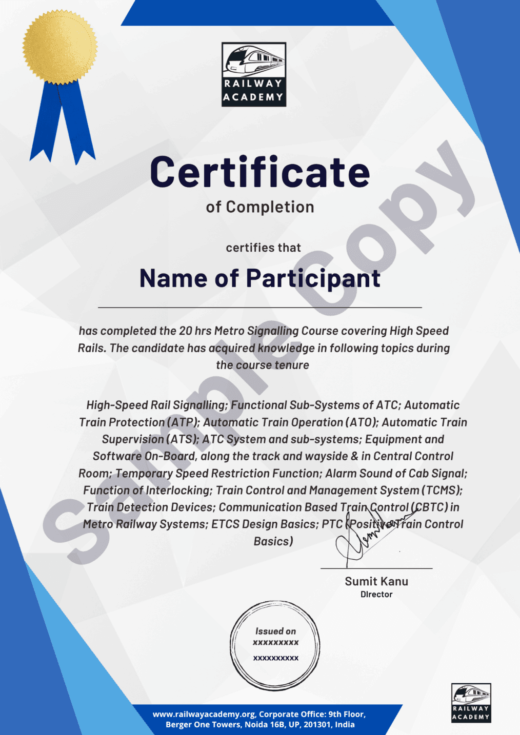 Sample certificate for the self-paced course
