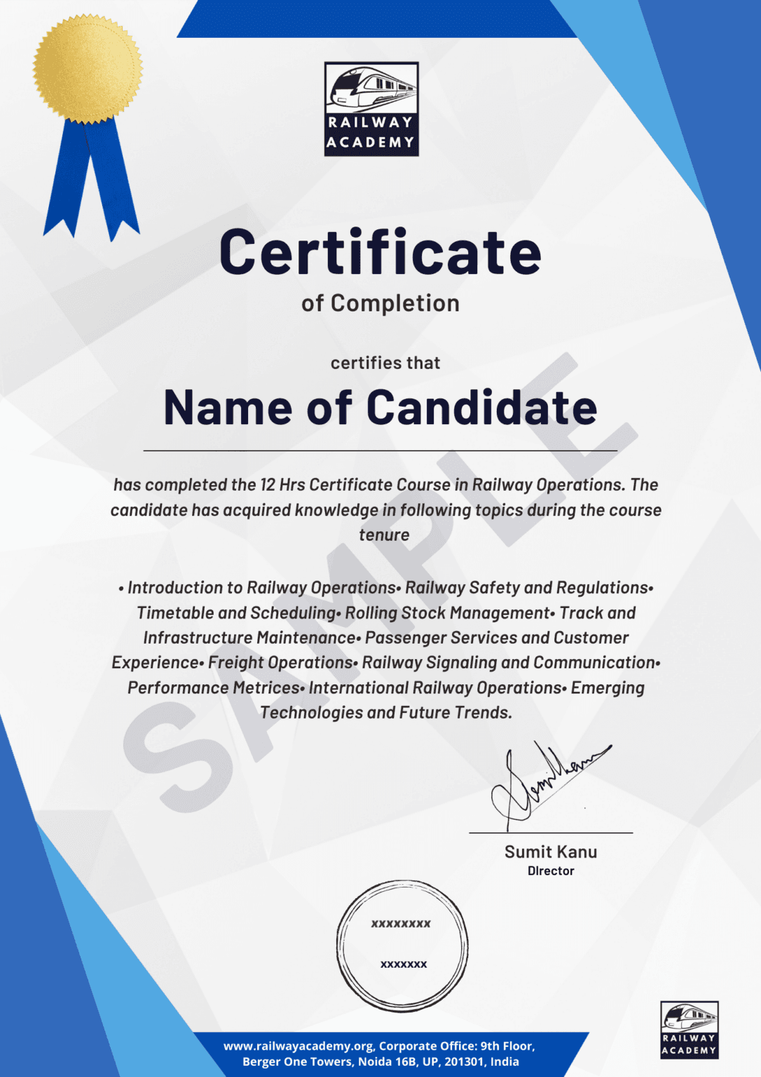 Sample certificate for the self-paced course
