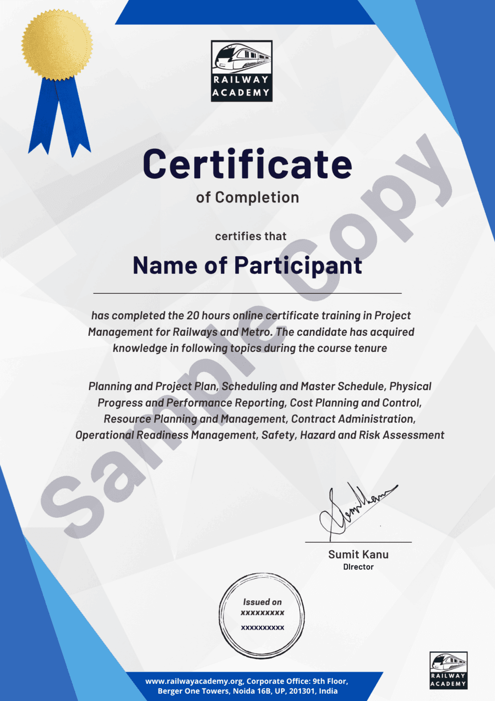 Sample certificate for the self-paced course