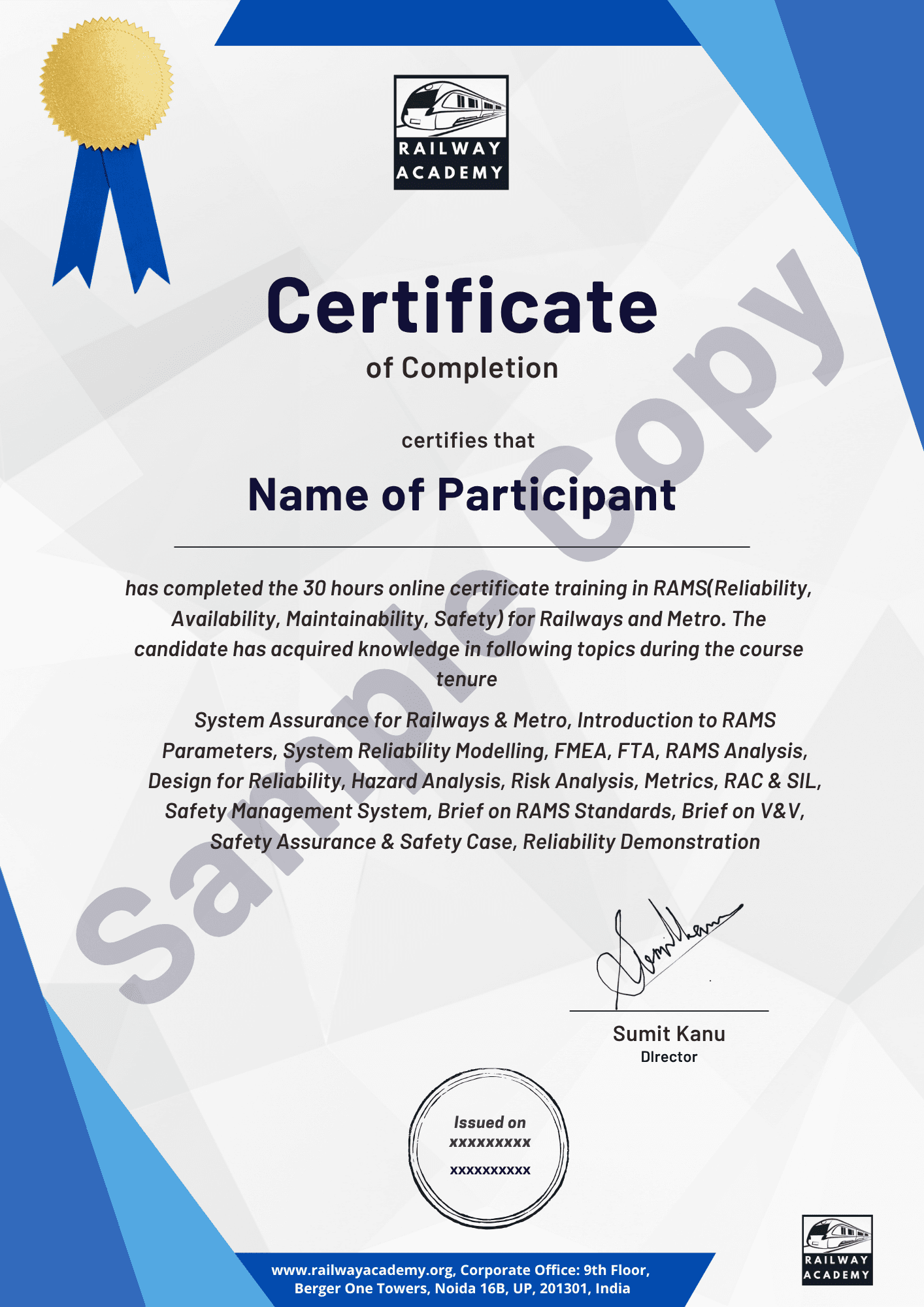 Sample certificate for the self-paced course