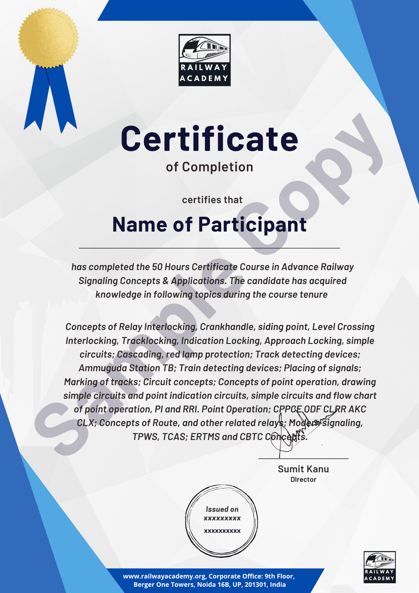 Sample certificate for the self-paced course