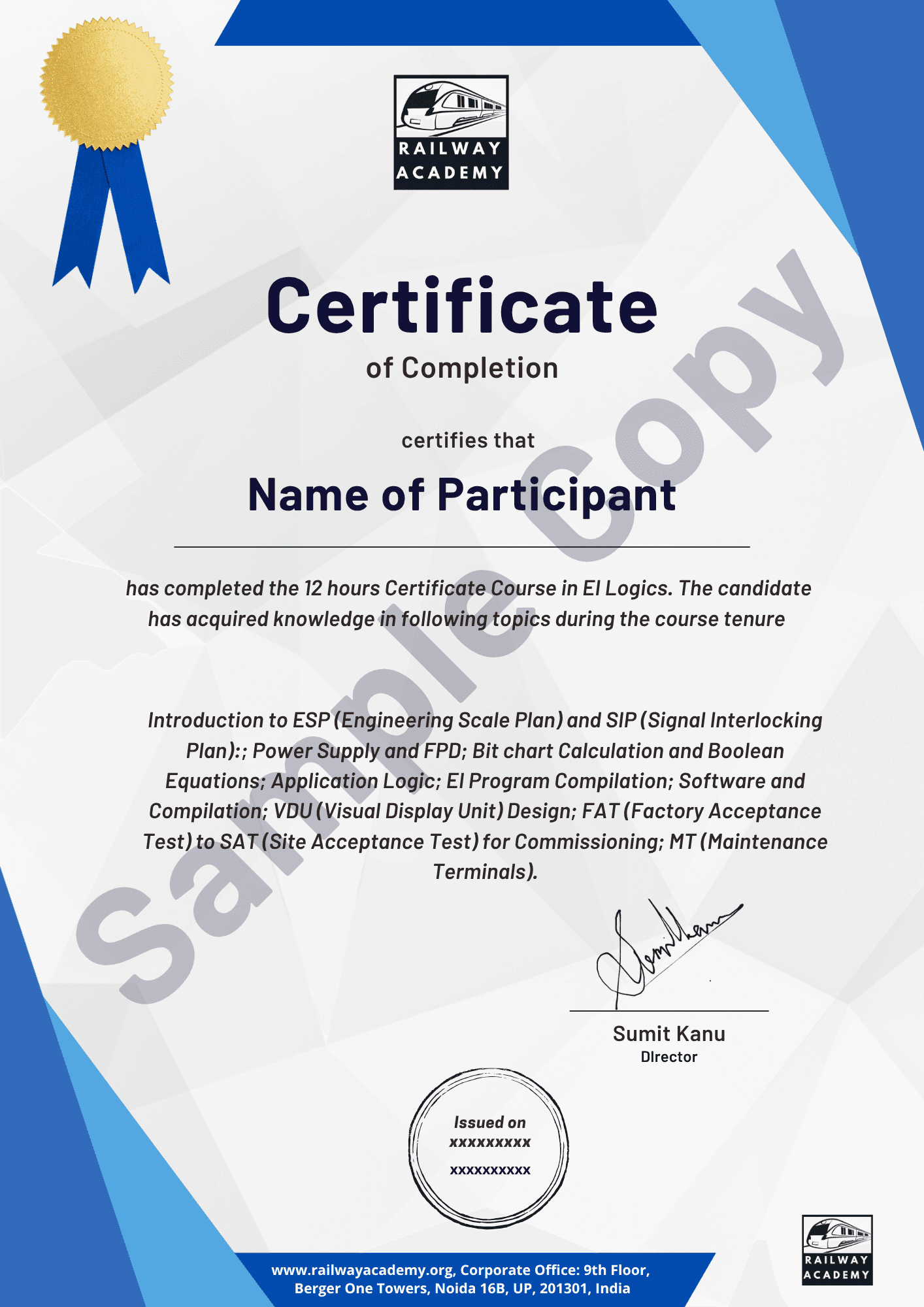 Sample certificate for the self-paced course