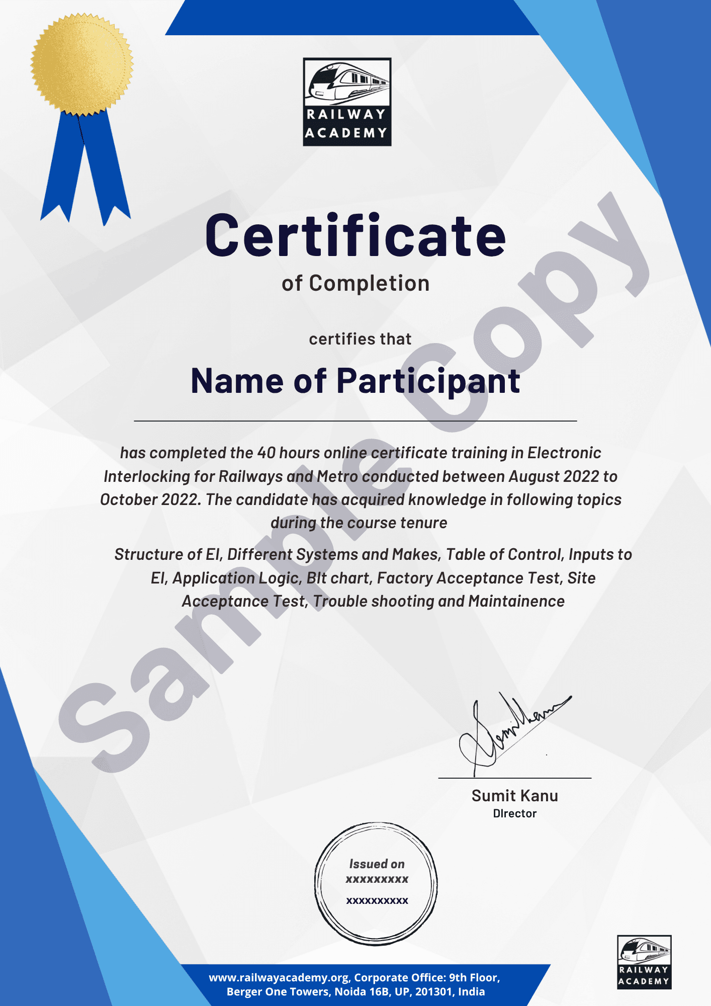 Sample certificate for the self-paced course