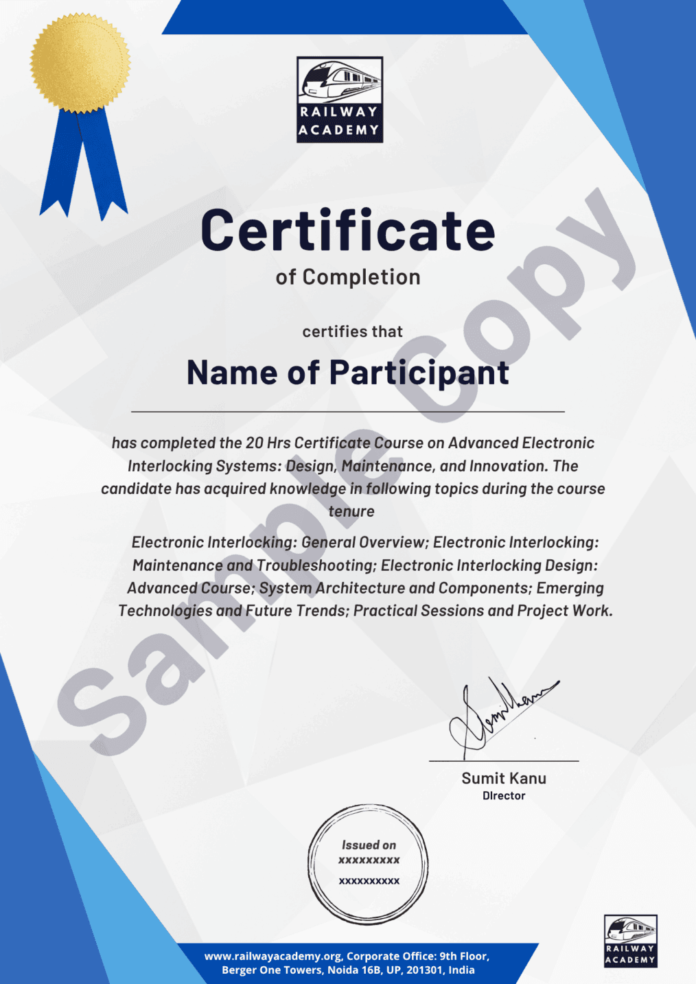 Sample certificate for the self-paced course