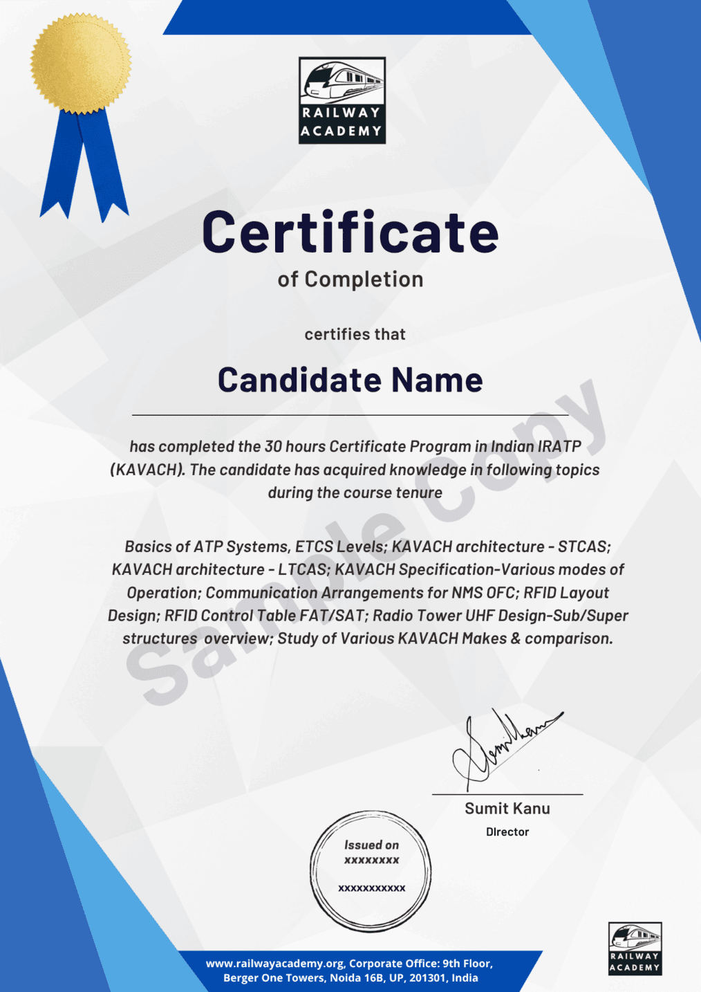 Sample certificate for the self-paced course