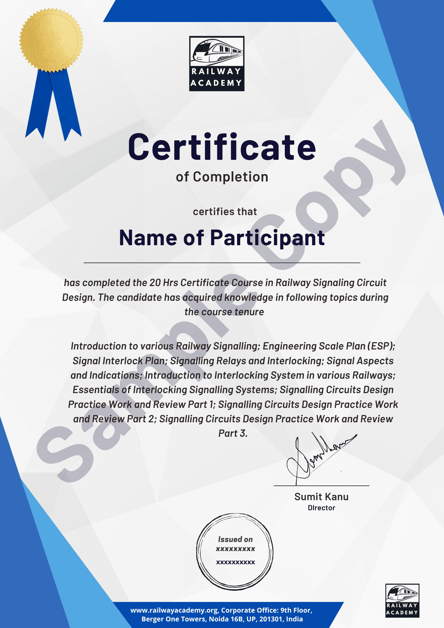 Sample certificate for the self-paced course
