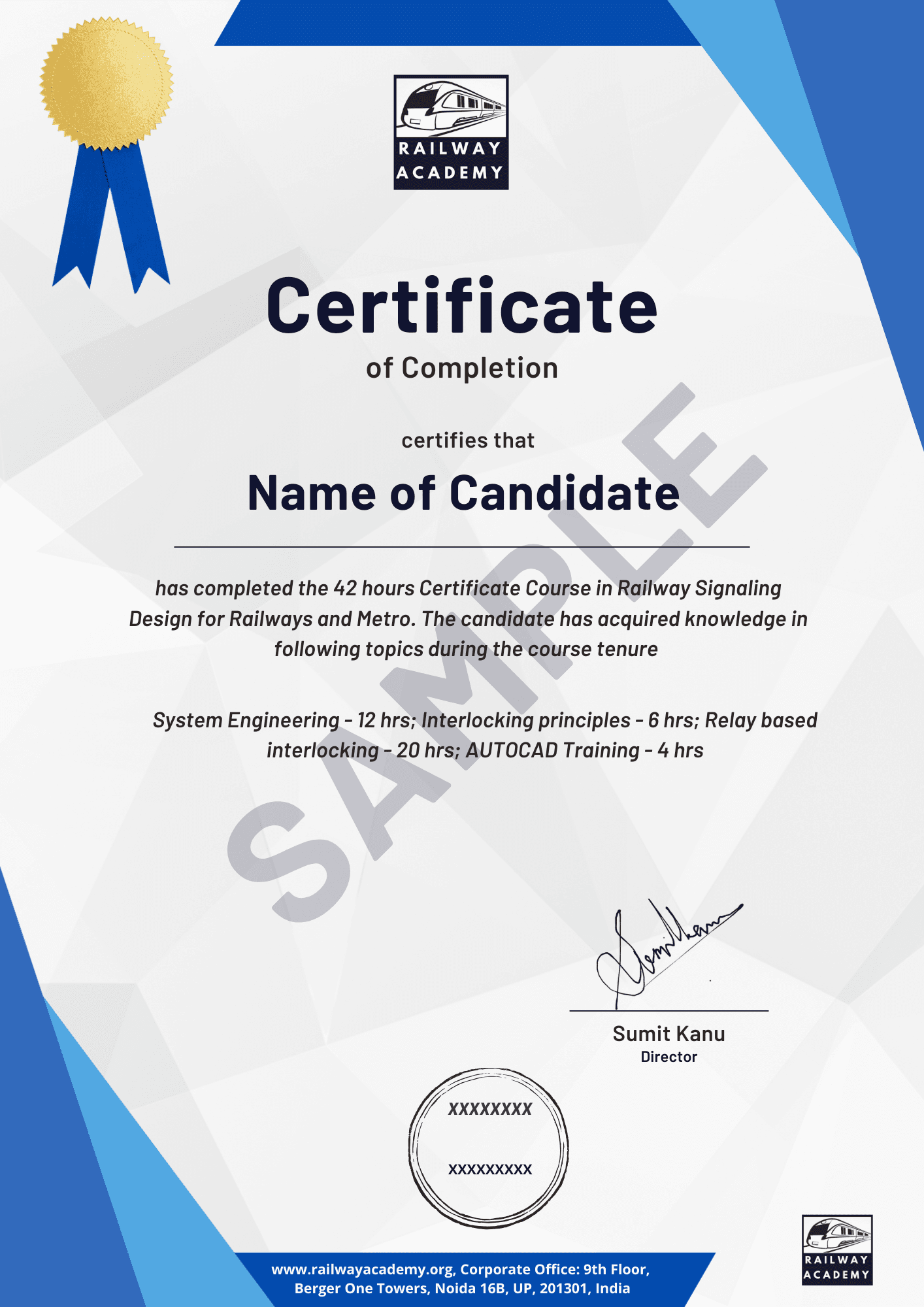 Sample certificate for the self-paced course