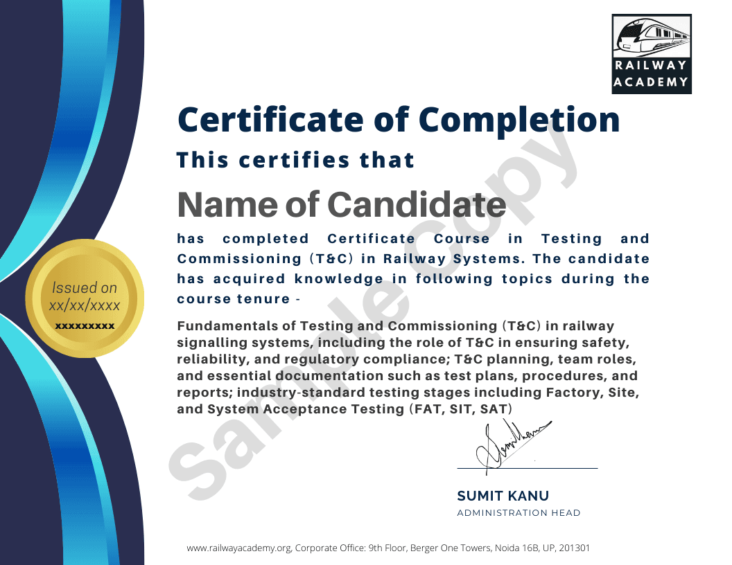 Sample certificate for Testing and Commissioning (T&C) in Railway Systems