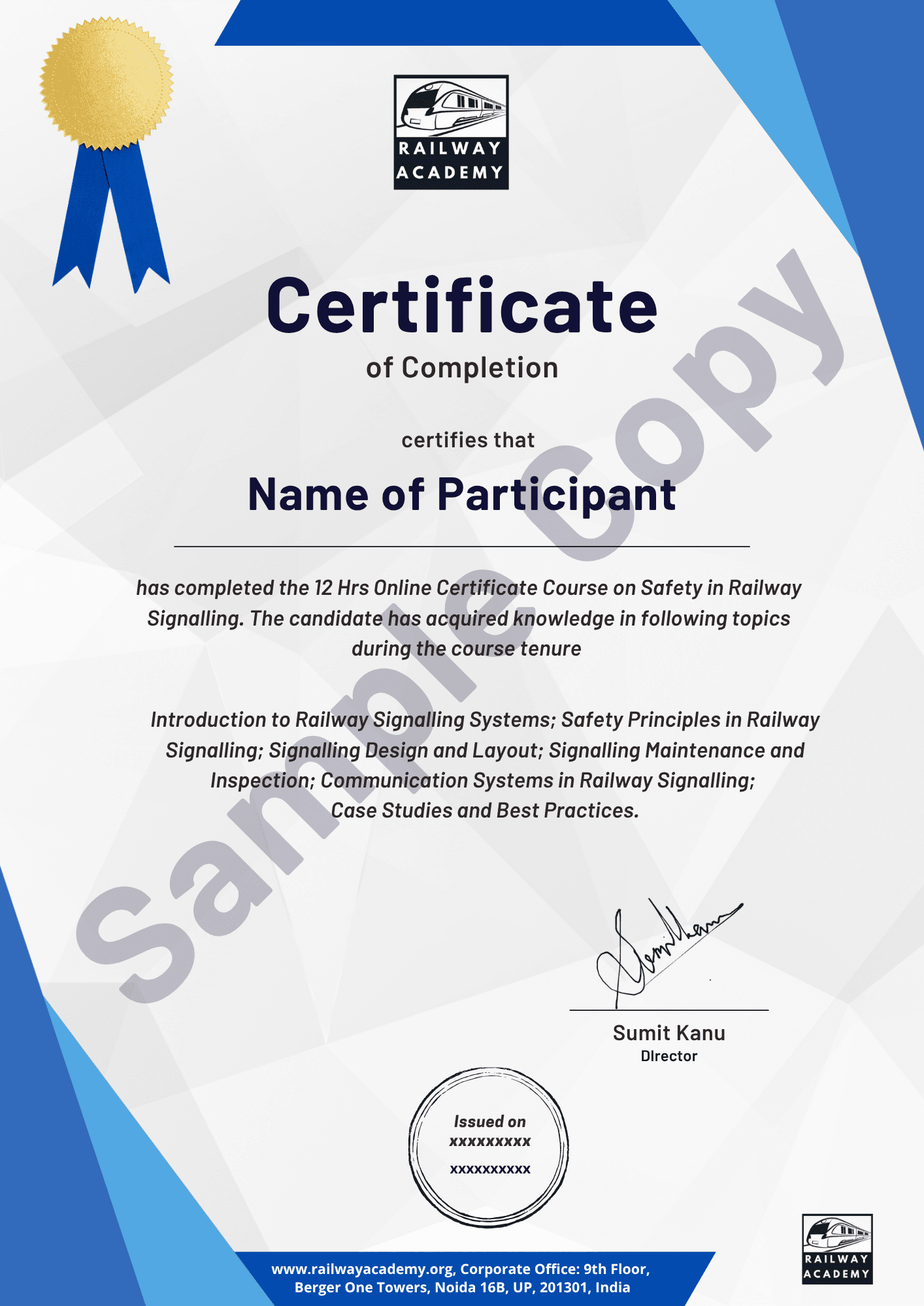 Sample certificate for the self-paced course