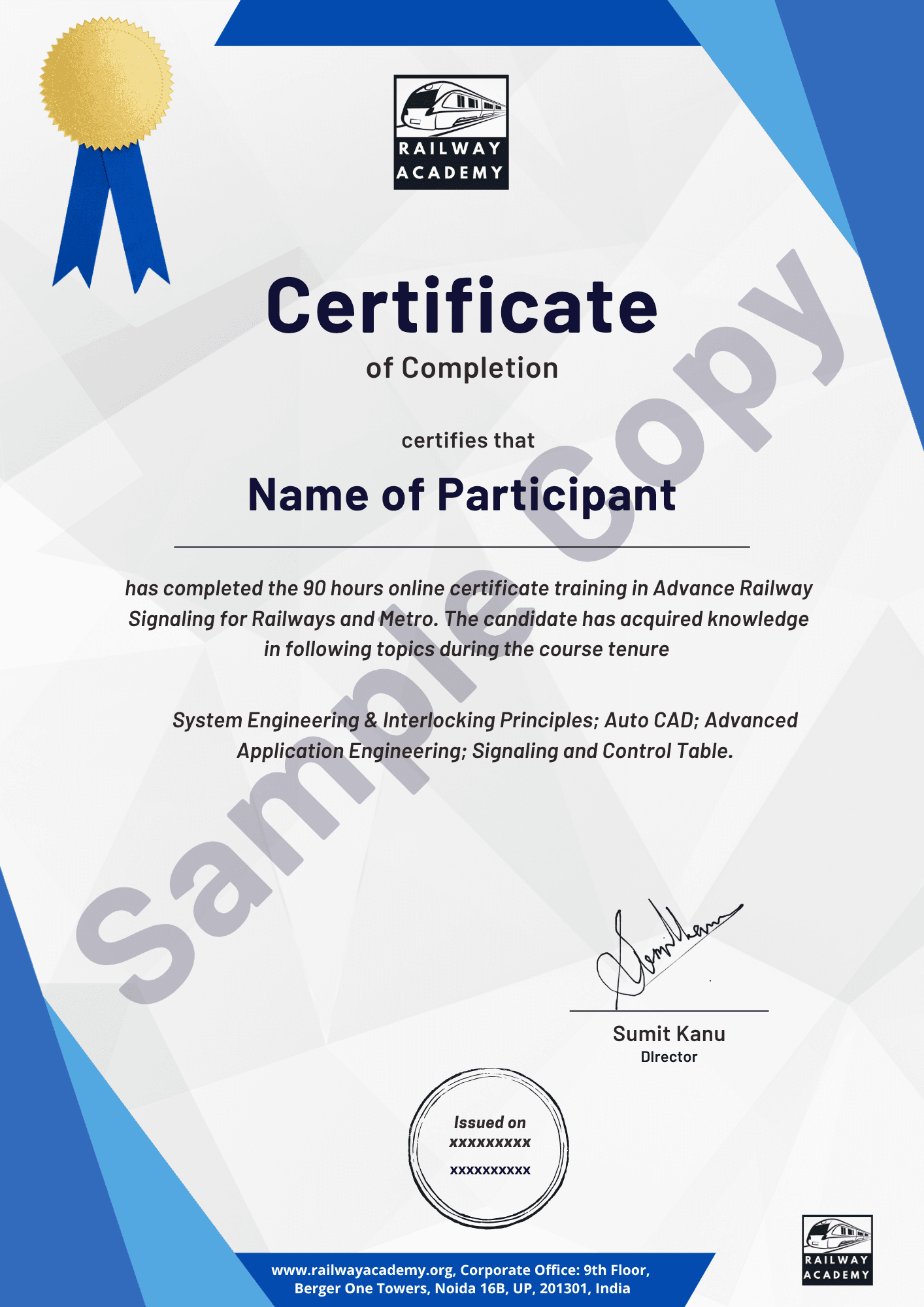 Sample certificate for the self-paced course