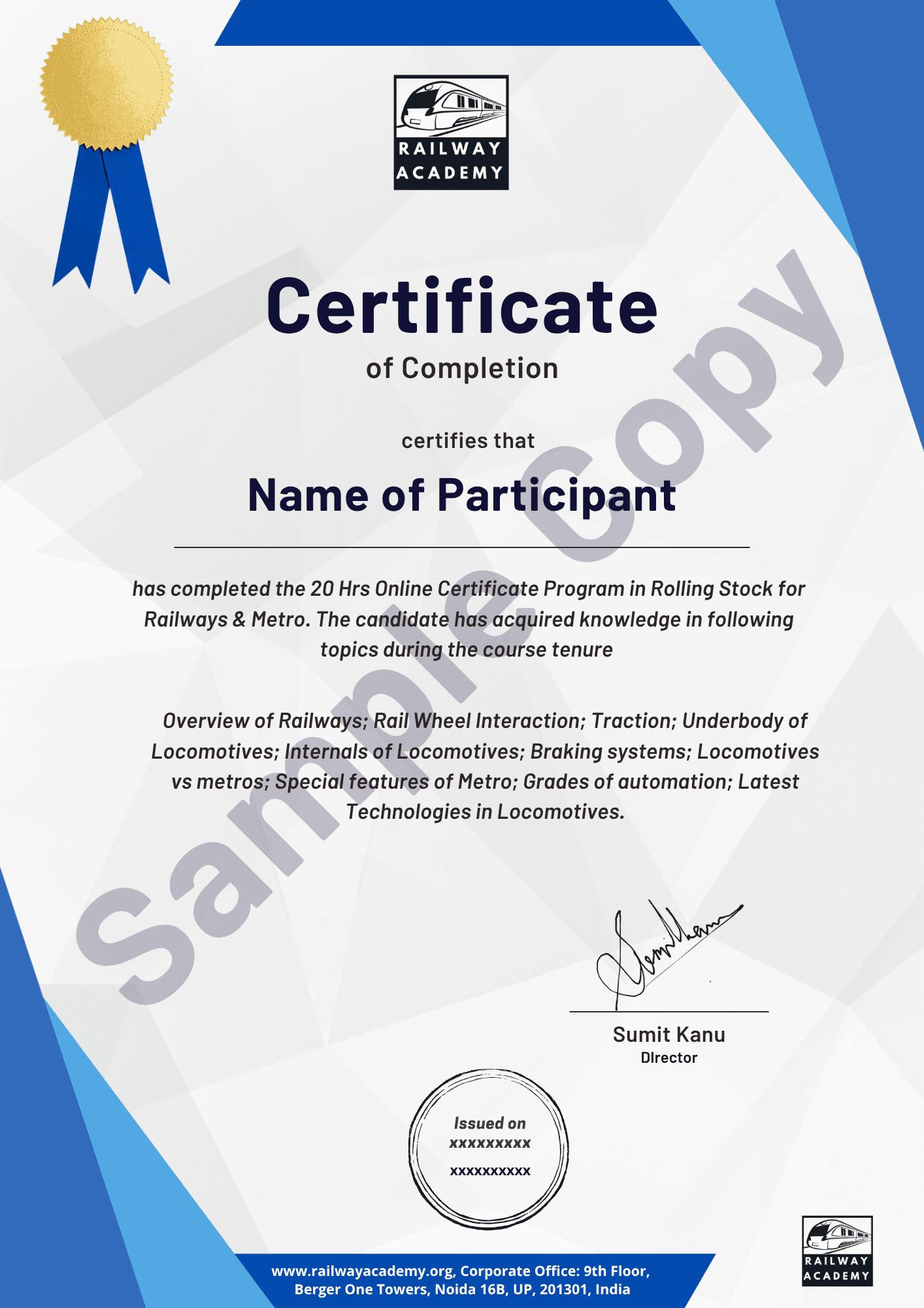 Sample certificate for the self-paced course