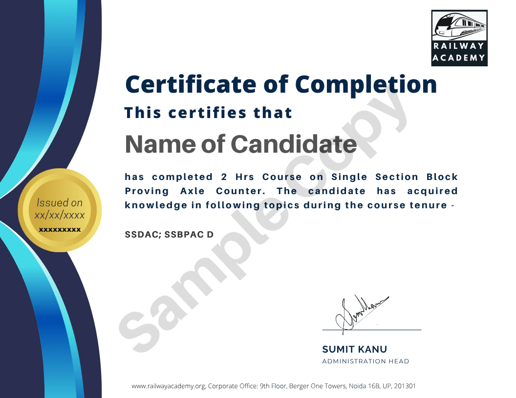 Sample certificate for Single Section Block Proving Axle Counter