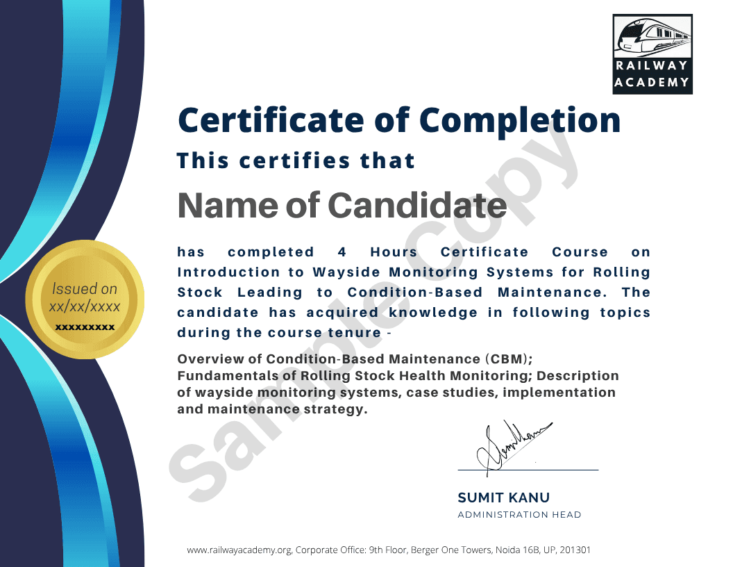 Sample certificate for Introduction to Wayside Monitoring Systems for Rolling Stock