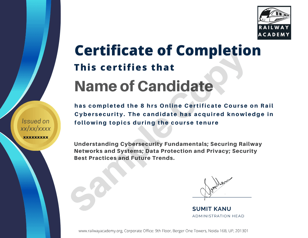 Sample certificate for Rail Cybersecurity