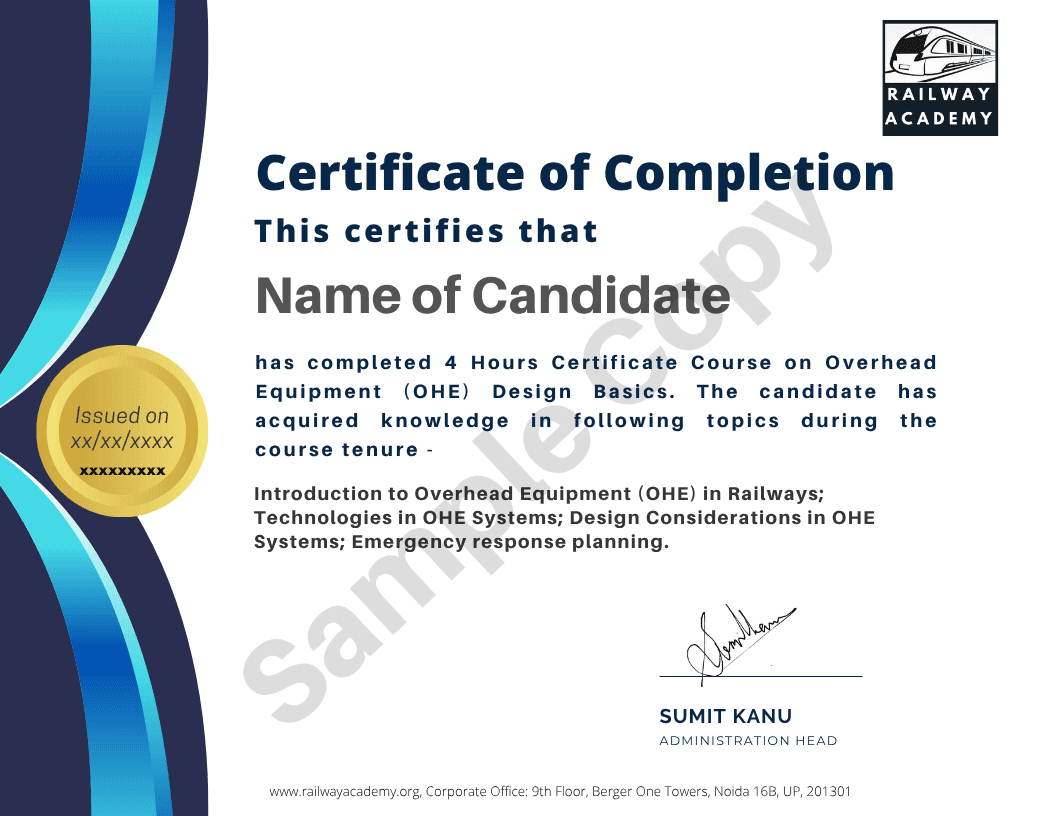 Sample certificate for Overhead Equipment (OHE) Design Basics in Railways