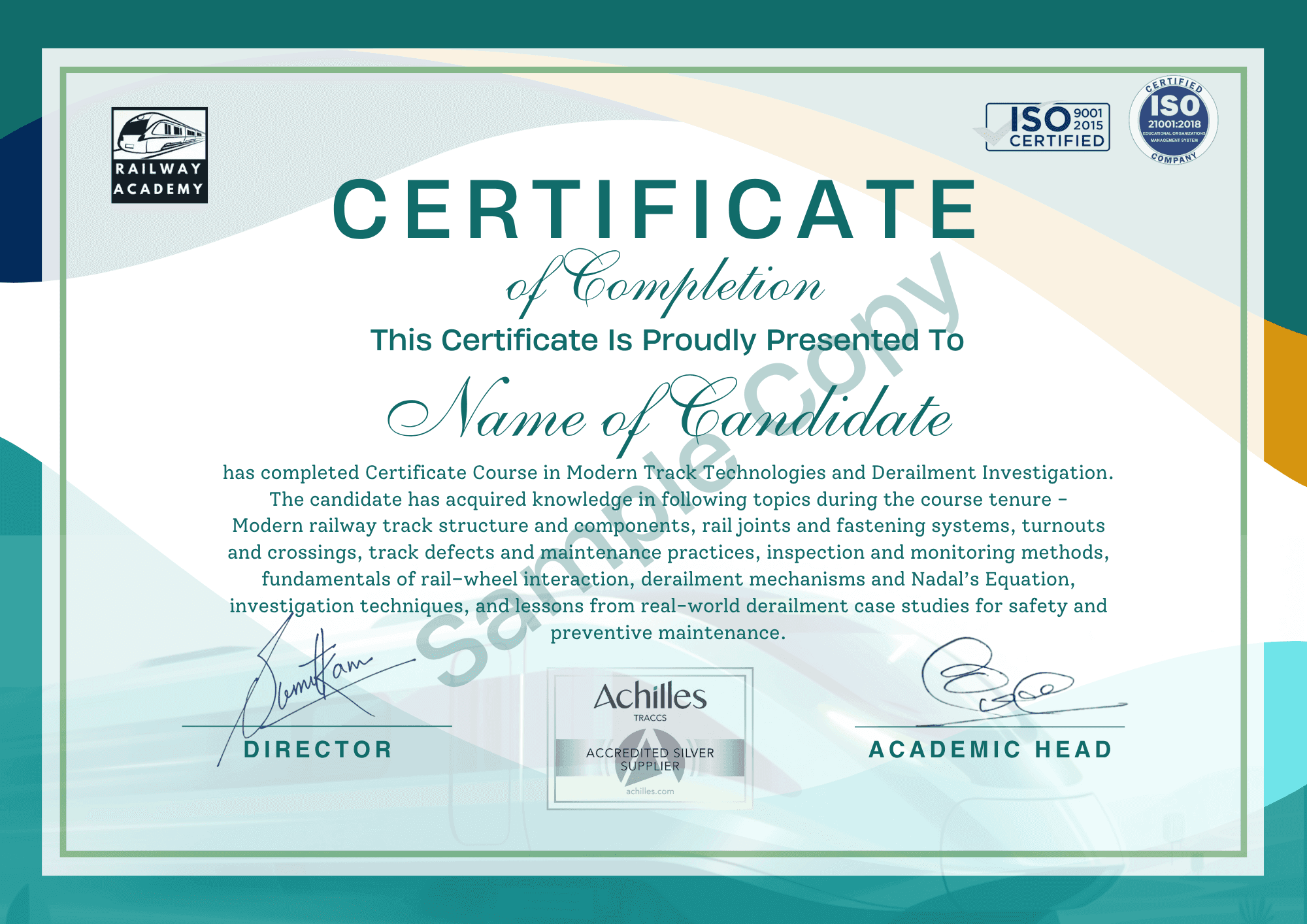 Sample certificate for Modern Track Technologies and Derailment Investigation