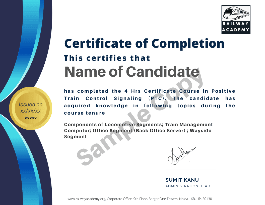 Sample certificate for Positive Train Control Signaling (PTC)