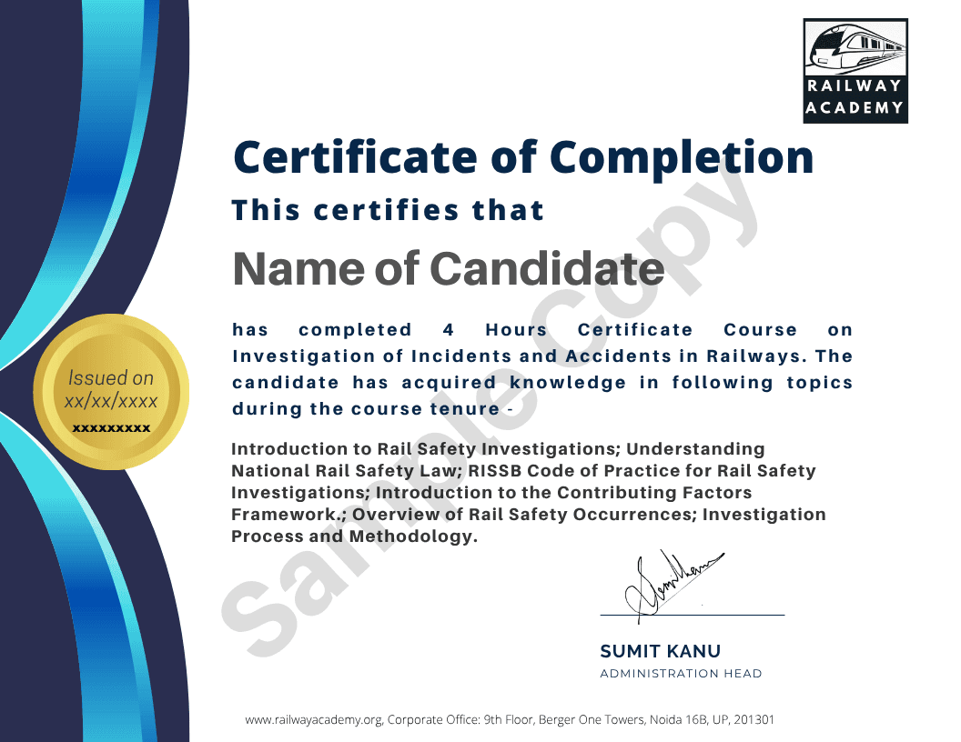 Sample certificate for Investigation of Incidents and Accidents in Railways