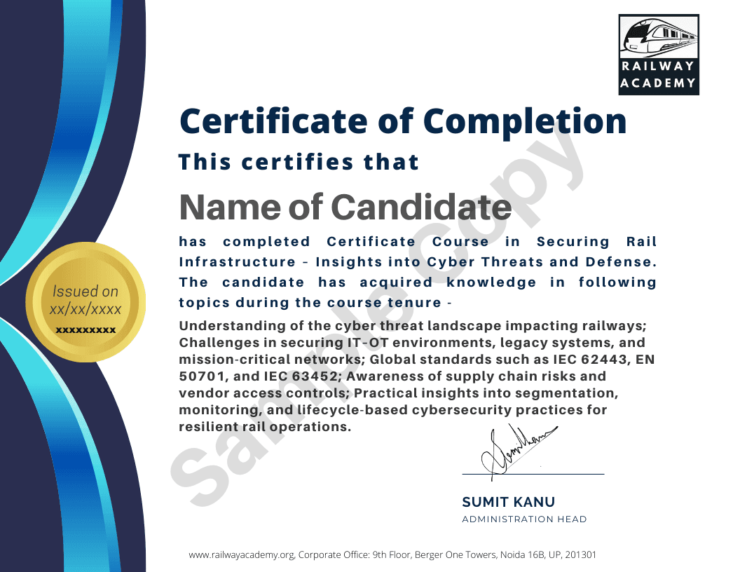 Sample certificate for Securing Rail Infrastructure – Insights into Cyber Threats and Defense