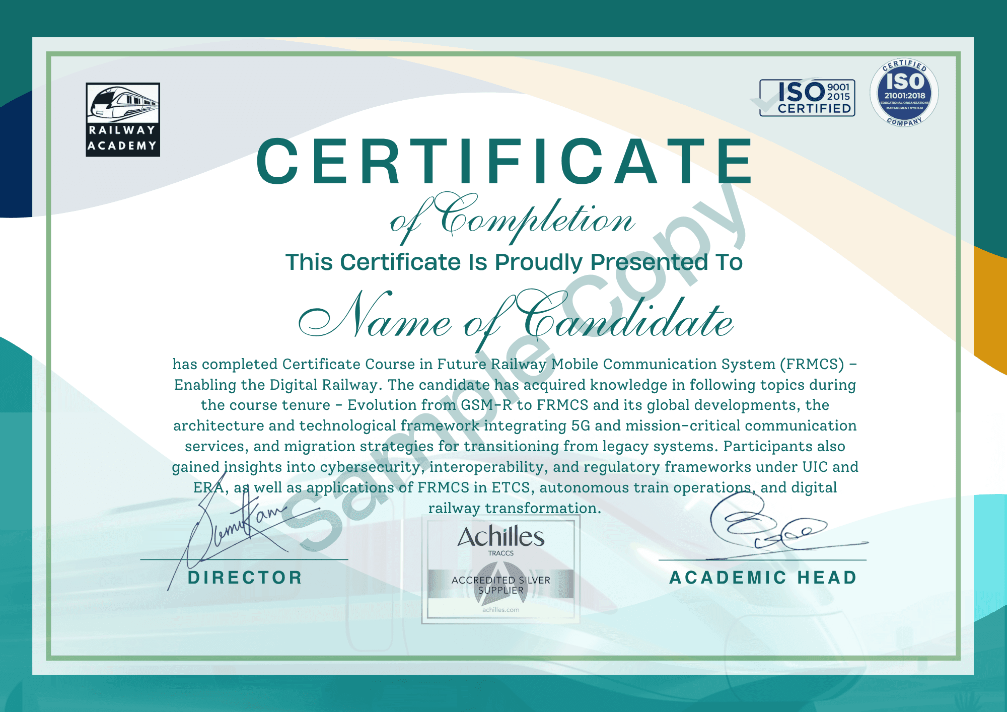 Sample certificate for Future Railway Mobile Communication System (FRMCS)