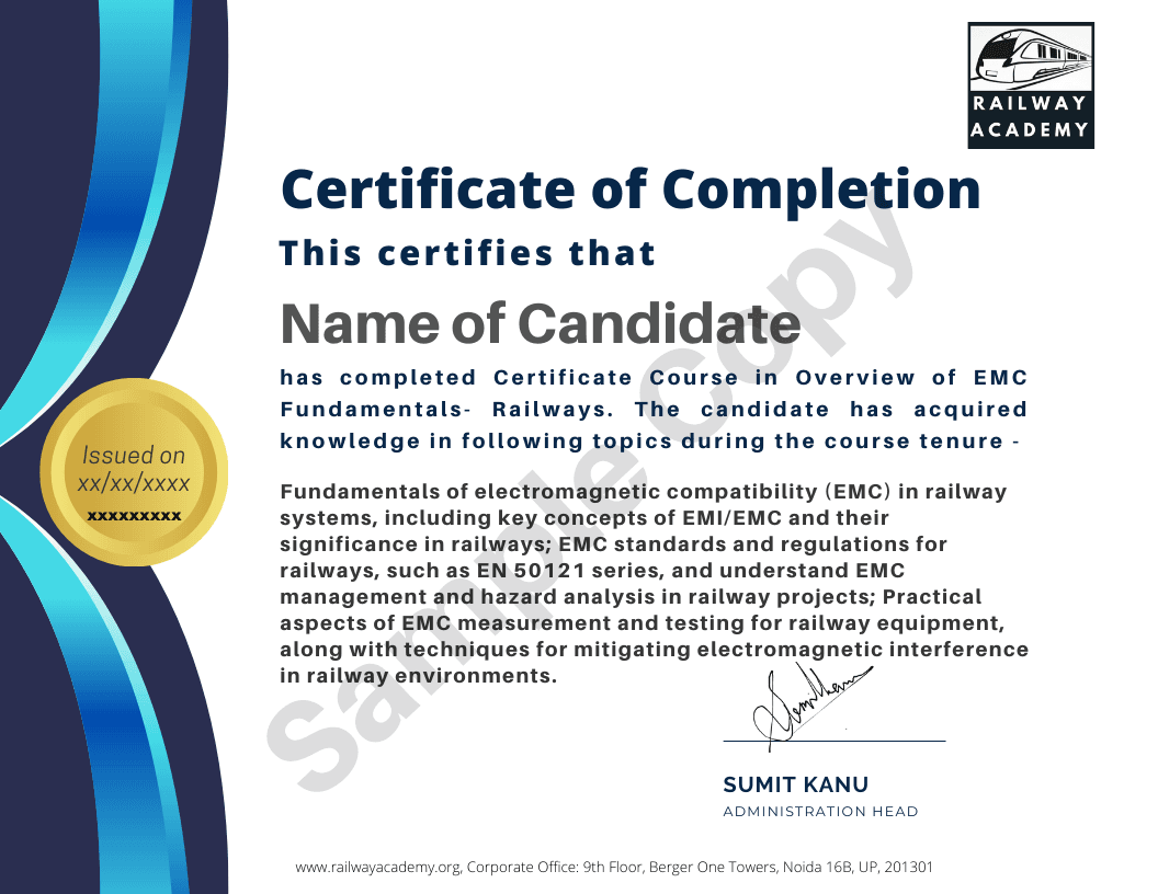 Sample certificate for Overview of EMC Fundamentals - Railways