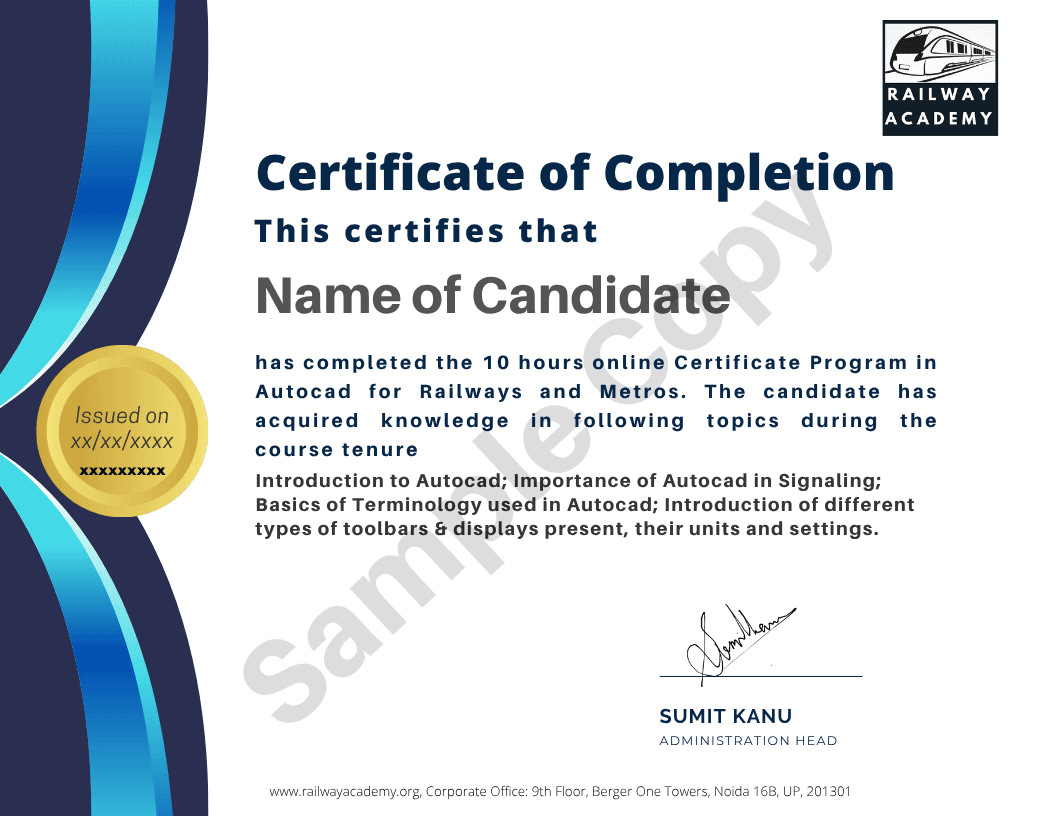 Sample certificate for AutoCAD for Railways and Metros