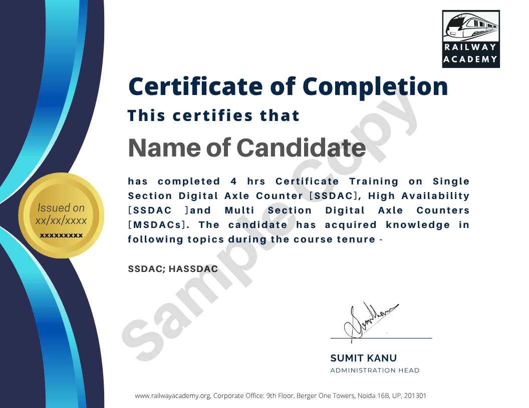 Sample certificate for Single Section Axle Counter Working & Overview