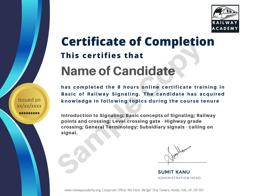 Sample certificate for Basics of Railway Signaling