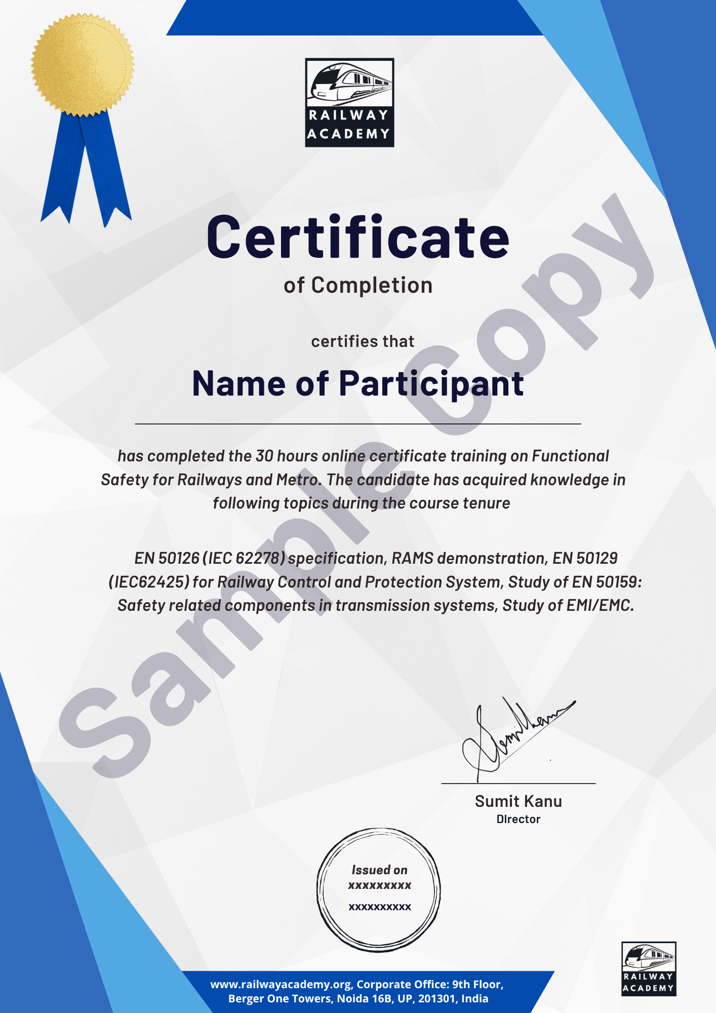 Sample certificate for the self-paced course