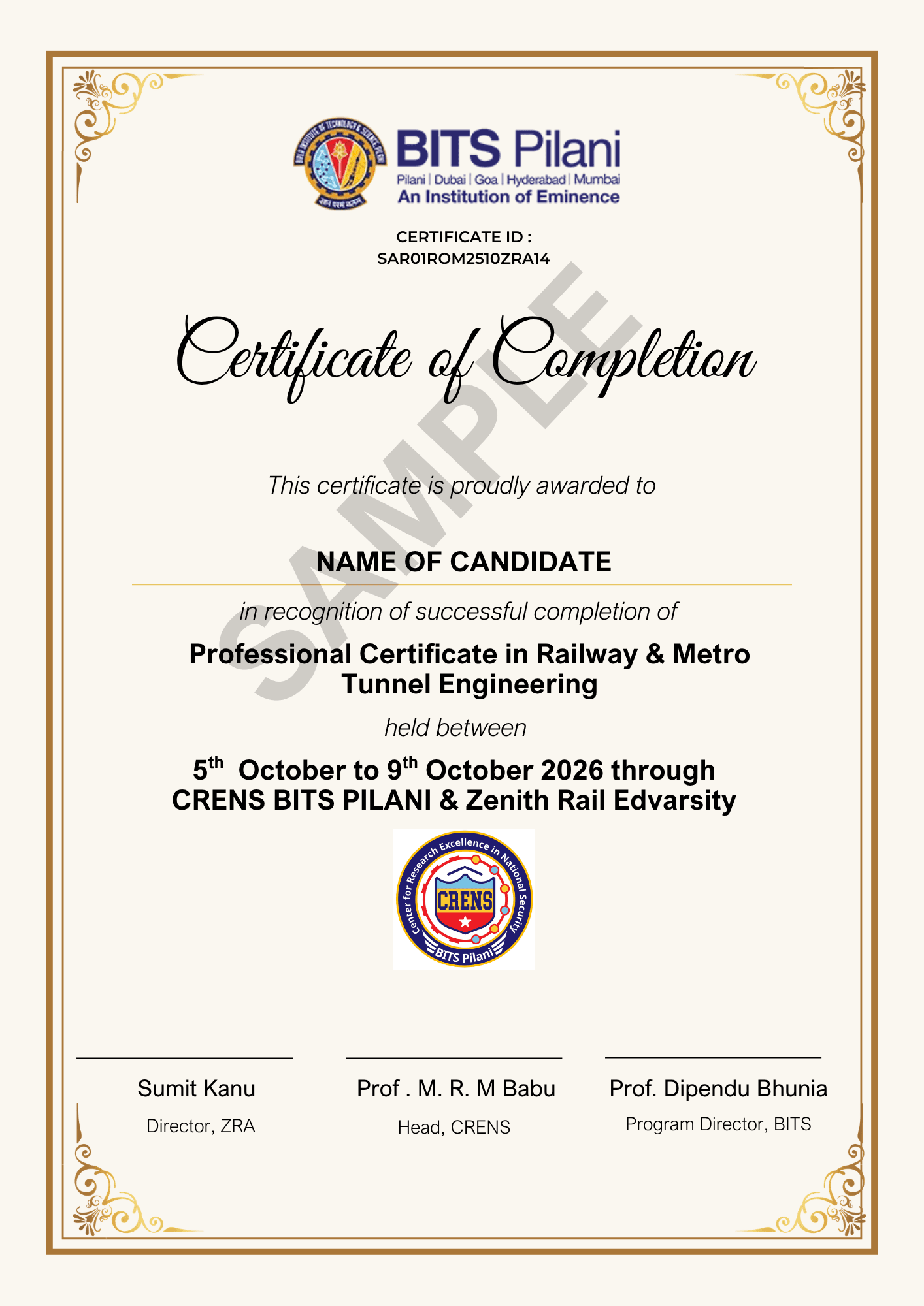Sample Professional Certificate in Railway & Metro Tunnel Engineering, issued through CRENS BITS Pilani & Zenith Railway Academy