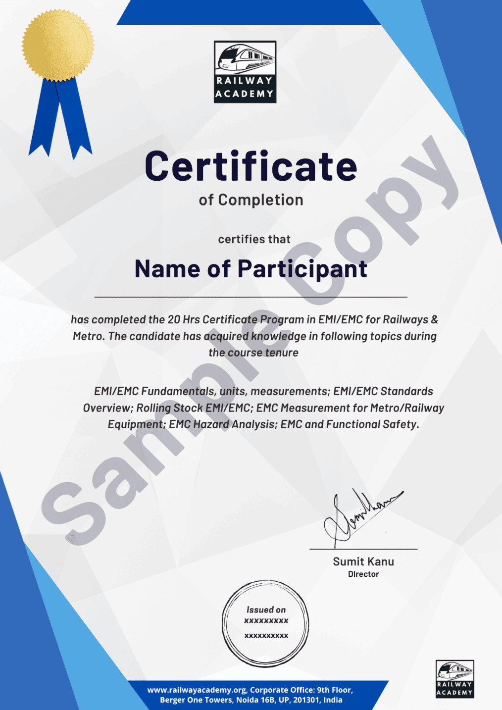 Sample certificate for the self-paced course