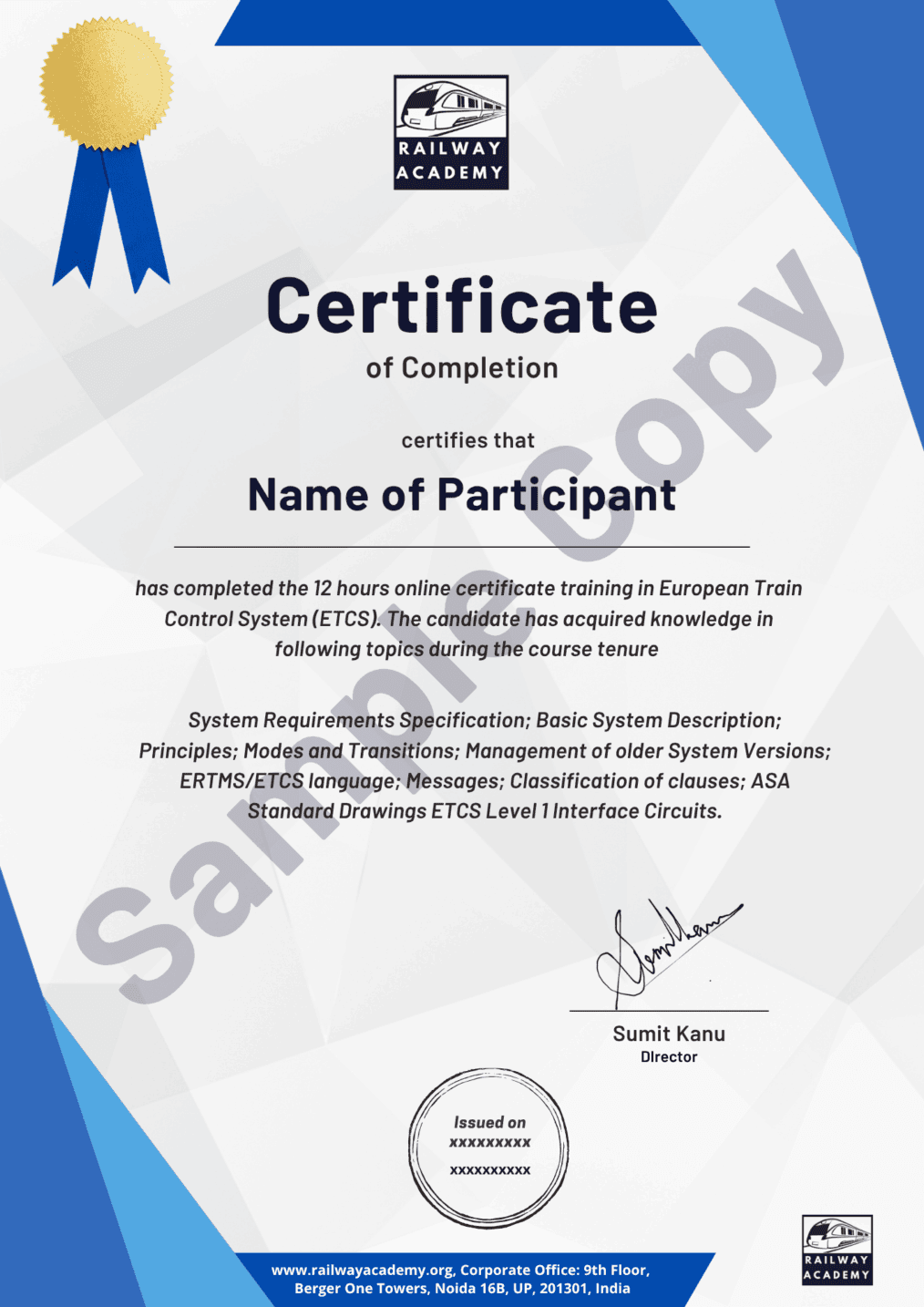 Sample certificate for the self-paced course