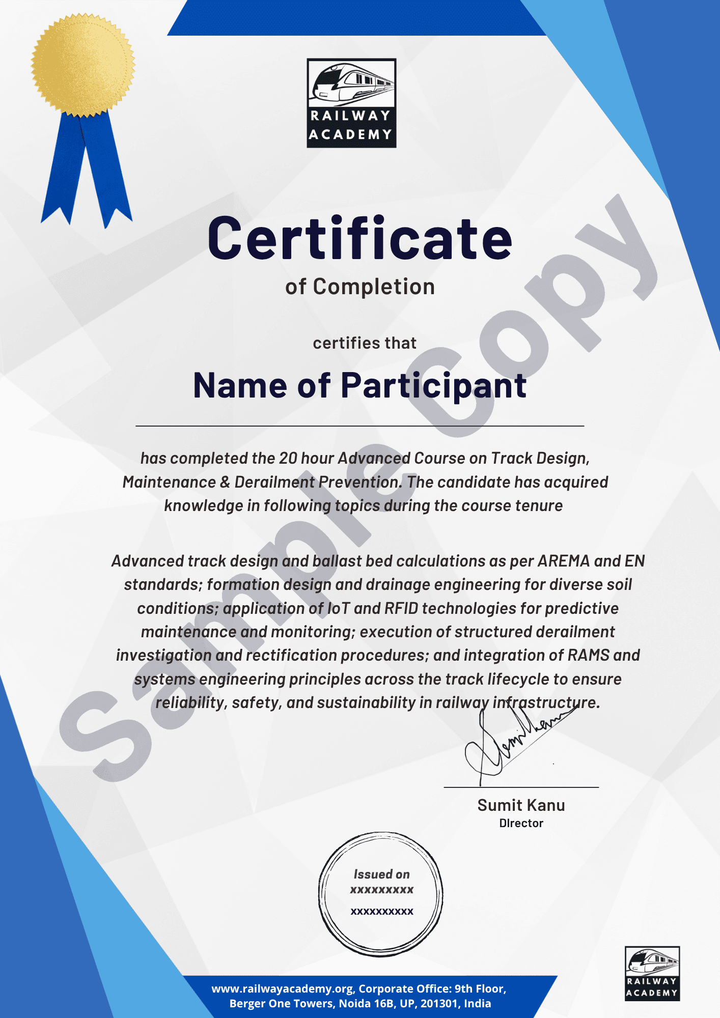 Sample certificate for this live course